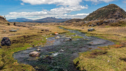 The Pita river in the Cotopaxi national crossing the volcanic hills and the paramo vegetation towards the distant mountain range and the Pasochoa and Ruminahiui volcanoes