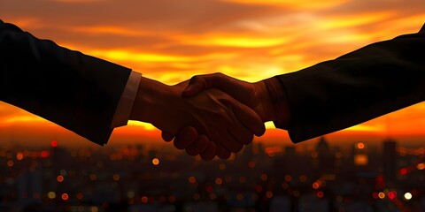 Two business partners shake hands in front of a sunset skyline. Concept Partnership, Business Deal, Handshake, Sunset Skyline, Collaboration - obrazy, fototapety, plakaty