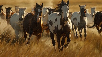American Paint Horse in the Herd and Running, 8K  Landscape Photo Realistic - Generative AI - obrazy, fototapety, plakaty