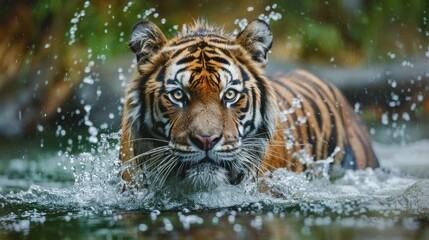 Amur Tiger Playing in The Water, Siberia. Dangerous Animal, Russia. Animal in Green Forest Stream. Siberian Tiger Splashing Water, 8K Photo - Generative AI - obrazy, fototapety, plakaty