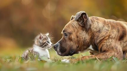 Naklejka premium American Stafford-shire Terrier Dog Playing With Cute Little Kitten, 8K Photo - Generative AI