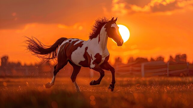 American Paint Horse Running at Sunset in Summer, 8K Photo Realistic - Generative AI
