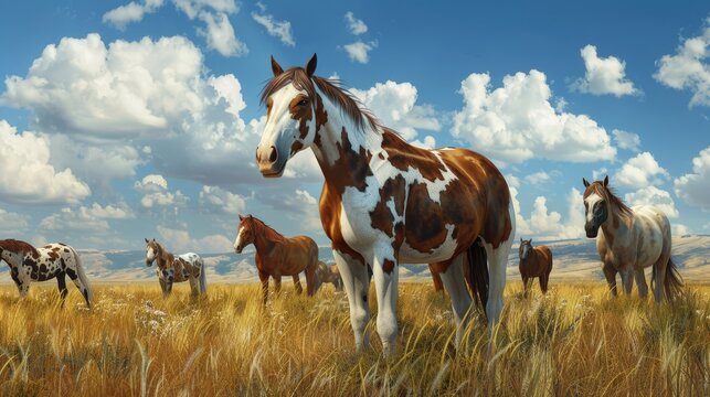 American Paint Horse in the Herd, 8K  Landscape Photo Realistic - Generative AI