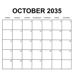 october 2035. monthly calendar vector design. week starts on sunday. printable simple, and clean vector design isolated on white background.