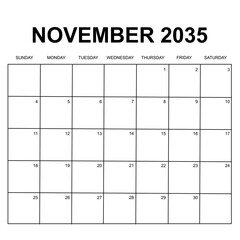 november 2035. monthly calendar vector design. week starts on sunday. printable simple, and clean vector design isolated on white background. - obrazy, fototapety, plakaty