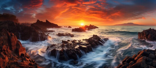 As the sun sets, the sky is painted with vibrant colors over a rocky beach. Waves crash against the rocks, creating a mesmerizing natural landscape