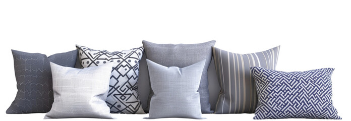 Realistic bed cushion. Gray Bed pillows for bedroom interior in stack and piles. 