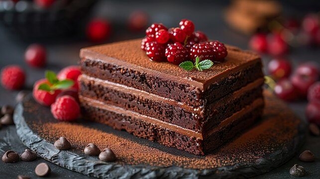 Chocolate cake with chocolate filling decorated with fresh red fruits.
