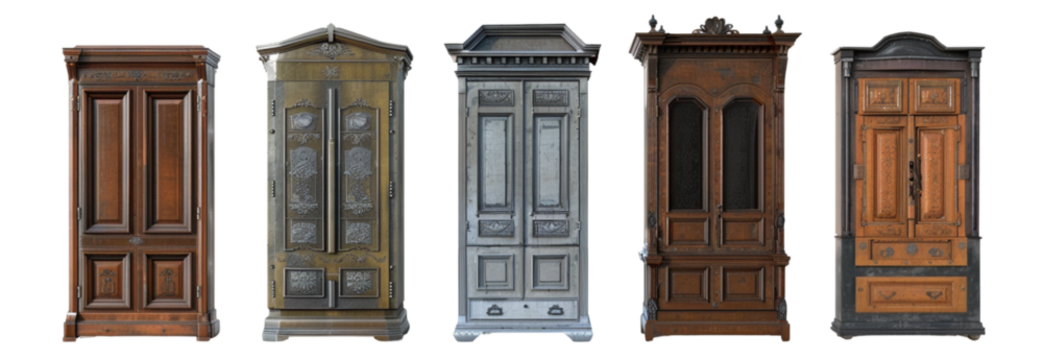 Collection of antique wooden cabinet on transparent background