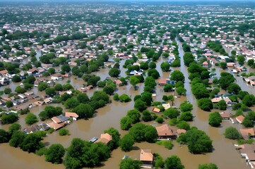 河川氾濫や大雨、台風による大洪水の様子、ドローン撮影、街全体が床上浸水しているイメージ - 756847532