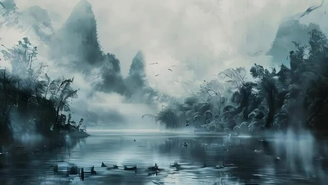Mystical foggy forest lake with ducks and birds. Digital painting