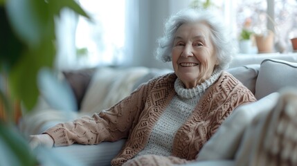Smiling elderly woman in living room
