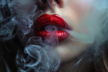 Sexy female lips blowing smoke from a cigarette.
