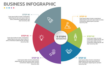 Visual data presentation. Cycle diagram with 6 options. Pie Chart Circle infographic template with 6 steps, options, parts, segments. Business concept. Marketing infographic vector illustration.