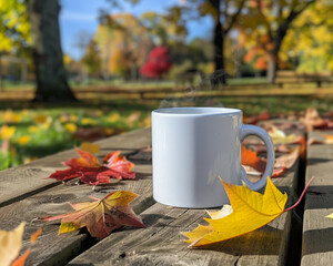 A straight and plain white 11oz mug with steam rising from it, on a wooden bench in a park with colorful autumn leaves scattered around for a product shoot.