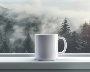 A straight and plain white 11oz mug with a handle, with steam rising from it, on a window sill overlooking a misty forest in the early morning for a product shoot.