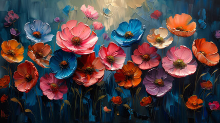 Fototapeta na wymiar Image of colorful flowers with textured brushstrokes on a blue canvas