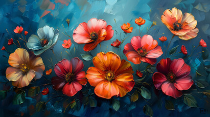A vivid depiction of multi-colored flowers on a cool-toned, textured background that enhances the floral subject matter