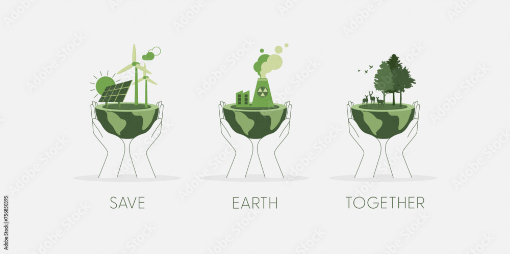 Wall mural set of hands holding a green globe, earth. earth day, world environment day concept. sustainable eco