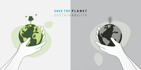 Human hands holding Earth globe, compared between green sustainability ecology and high pollution earth with death tree. Vector Illutration.