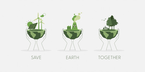 Set of Hands holding a green globe, earth. Earth Day, World Environment Day concept. Sustainable ecology and environment conservation concept design. Vector illustration.
