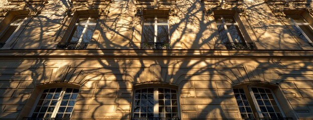 Fototapeta premium Dynamic patterns of tree shadows on a classic Parisian building, serene and beautiful, copy space