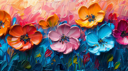 Fototapeta na wymiar Large textured flowers in shades of pink, yellow, and blue, beautifully presented on an oil-painted canvas
