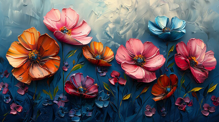 This image displays a collection of textured flowers painted in vivid colors on a blue background, creating a pleasing visual effect