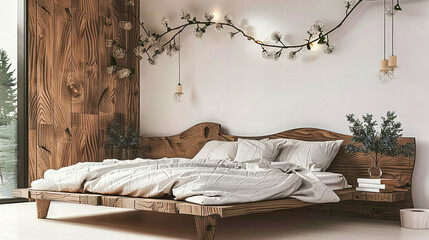 Cozy Bedroom Decorated for Winter with Soft Bedding, Christmas Garland, and Warm Lighting, Offering a Festive and Comfortable Space