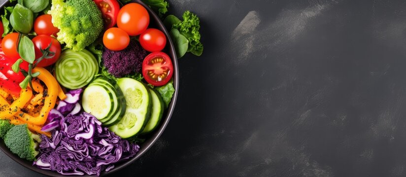 A dish filled with a variety of fresh vegetables, including leafy greens like cucumbers, on a black table. Perfect for a nutritious and colorful meal