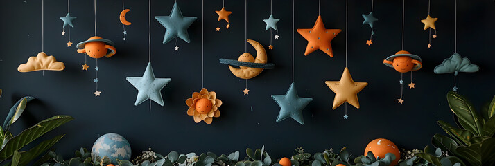 Baby Crib Mobile with Stars, Planets, and Moon,
Frame of Glittering Star Decorations Bring - obrazy, fototapety, plakaty