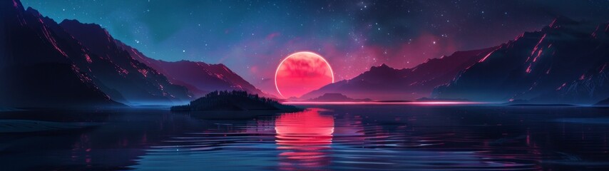 Fototapeta na wymiar beautiful moon with retro neon style mountains with a large lake panoramic 32:9 in high resolution and high quality