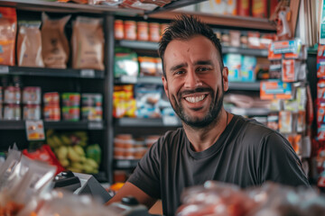 Male shop cashier, cheerful smile with copy space of a nice person in a shop
