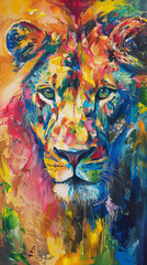 This striking image captures a colorful abstract painting of a lion, exuding strength and artistic flair