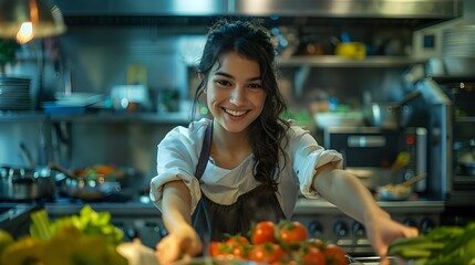 Smiling female chef, passionately preparing a gourmet meal in a bustling kitchen