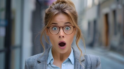 Surprized woman open mouth dropped her jaw, working bussiness female wearing suits glasses with shocked surprised amazement expression - obrazy, fototapety, plakaty