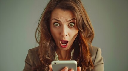 Portrait of surprised business woman mouth open, shocked amazement expression, receiving shocking news on a smart phone
