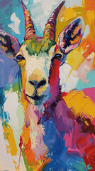 A lively and colorful representation of a goat's face through abstract artistry and motion