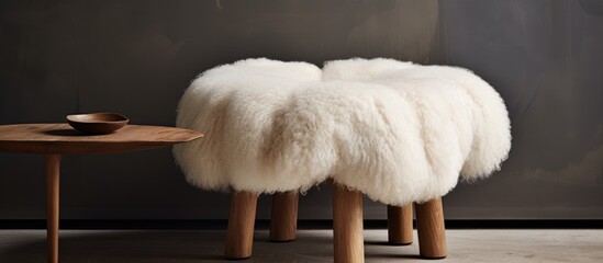A white furry stool made with natural material is placed next to a hardwood table. The combination of fur and wood creates an artistic and fashionable accessory for any event