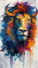 The artwork showcases a majestic lion in a burst of multicolored splendor, with a captivating and abstract style