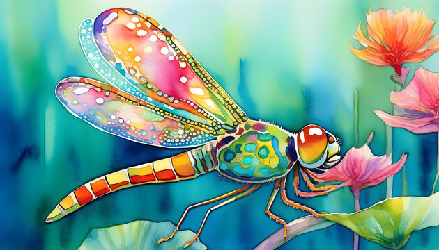 A watercolor painting of a dragonfly-fish hybrid creature with intricate details and vibrant colors
