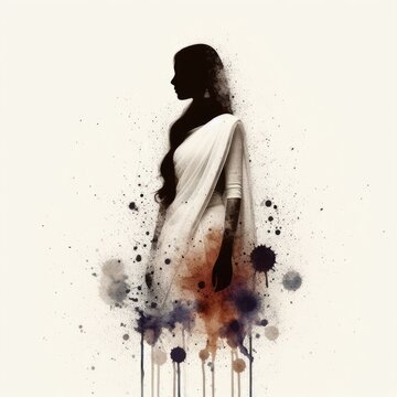 Indian girl wearing traditional clothes in splash ink painting with Generative AI.