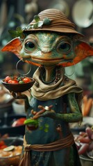 A small green creature holding a bowl of food in its hands. Generative AI.