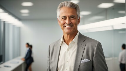 A man in a suit smiling in a business setting. Generative AI.