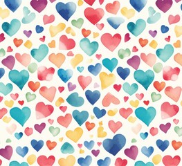 A pattern of many colorful hearts on a white background. Generative AI.