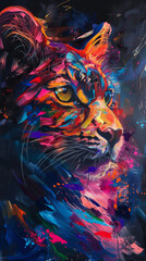 A strikingly rich and colorful portrayal of a cat that blends abstract art with the natural elegance of the feline form, symbolizing mystery and independence