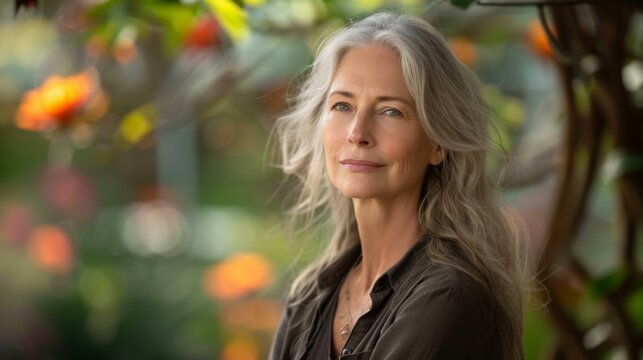 A woman with gray hair posing for a picture in front of a tree. Generative AI.