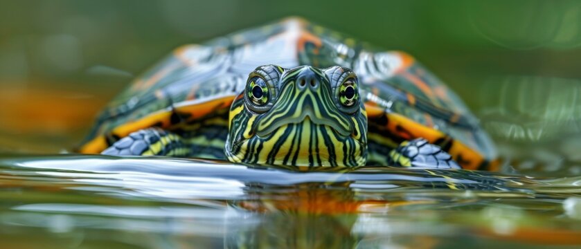 A turtle is swimming in a pond with water and leaves. Generative AI. - Powered by Adobe