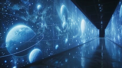 A long hallway with a large screen on the wall. Generative AI.