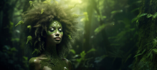 Fantasy beautiful dryad woman in fairy forest. Fabulous mythical creature symbolizing Earth. Magic character, pagan spirit of the forest. Nature and man concept